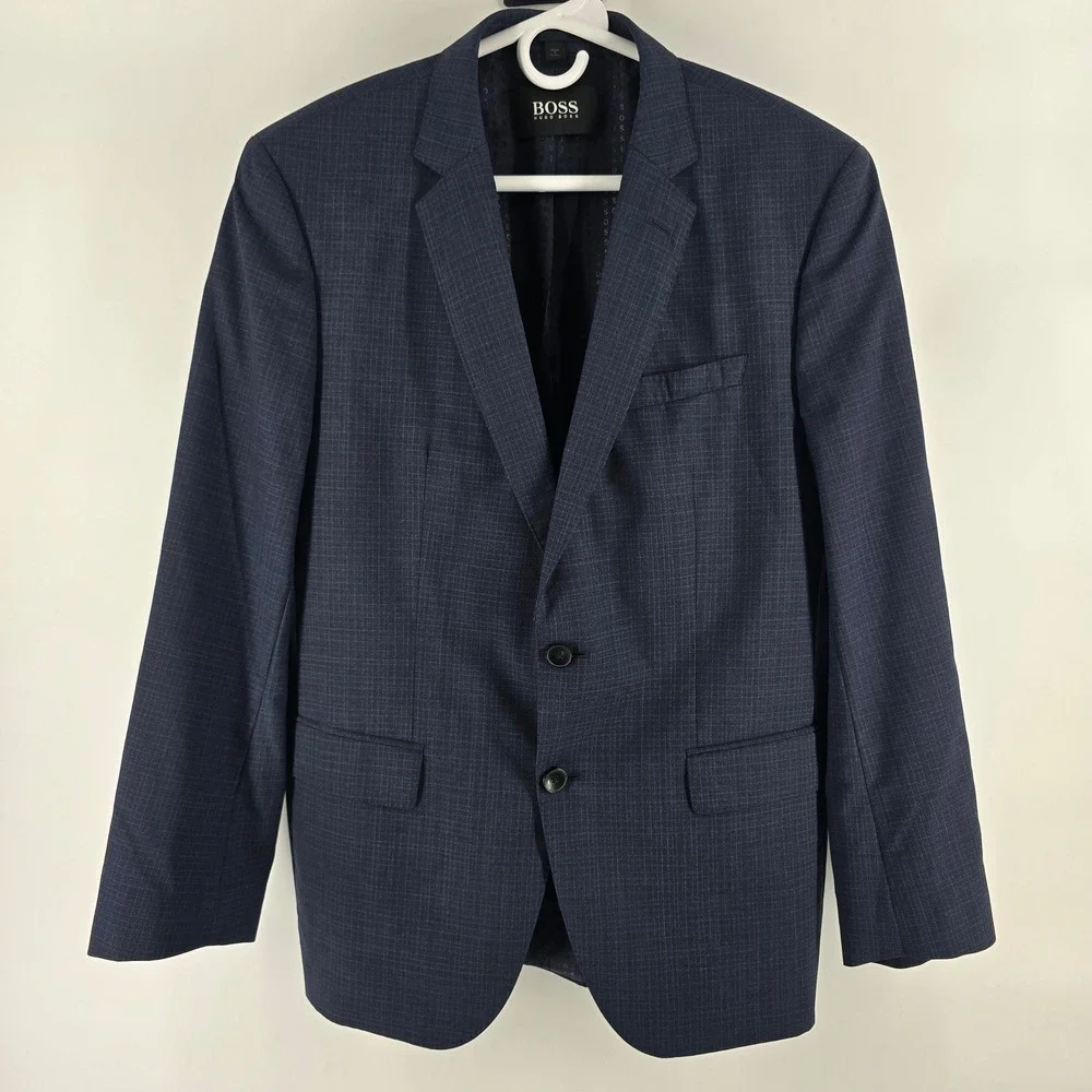 BOSS Hugo Boss Blazer Mens 40R Navy Blue Check Slim Fit Italian H-Huge-214